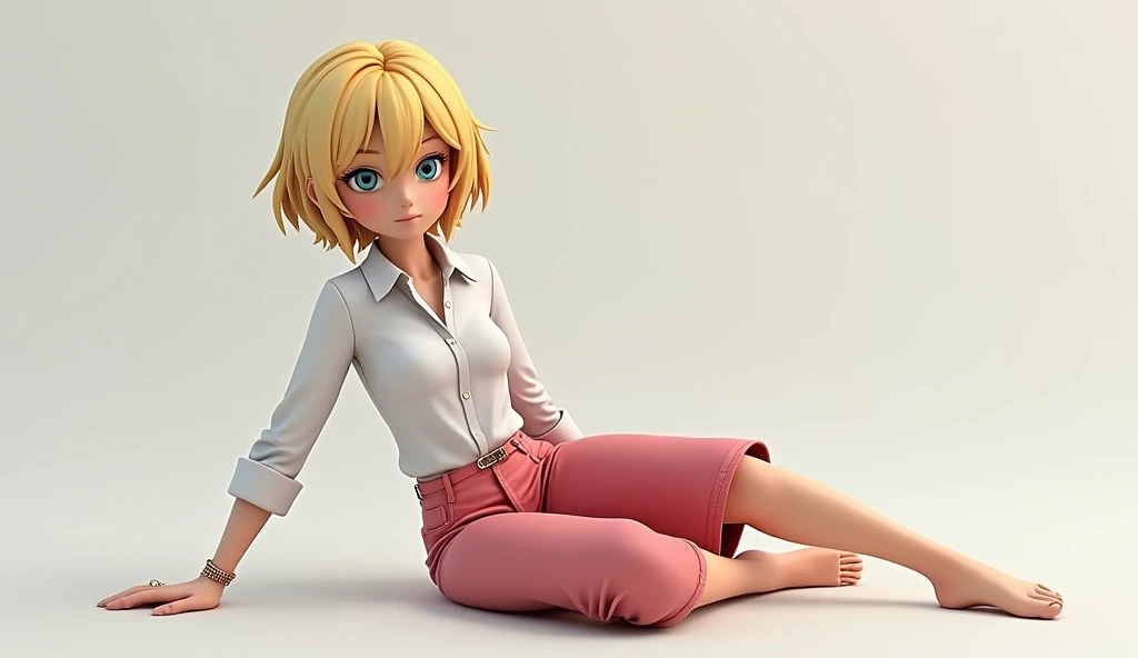 sysdeep_android18, 1girl, solo, breasts, smile, short_hair, blue_eyes, blonde_hair, shirt, long_sleeves, jewelry, medium_breasts, realiste, 3D,  beautiful and sexy, little, jeune, missionnaire, position missionnaire, culotte rose, belles jambes, allongée s...