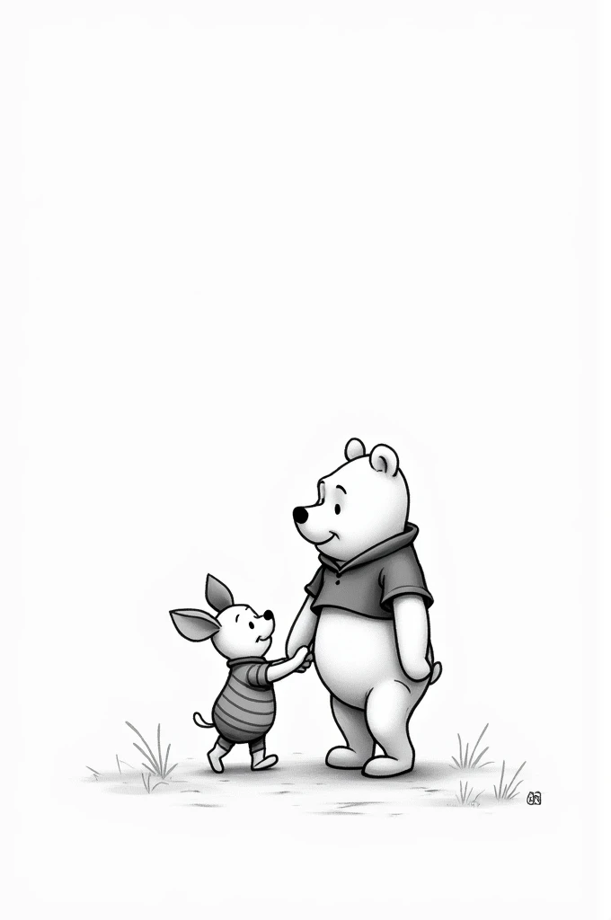 Winnie the pooh and piglet walk side by side holding hands black and white