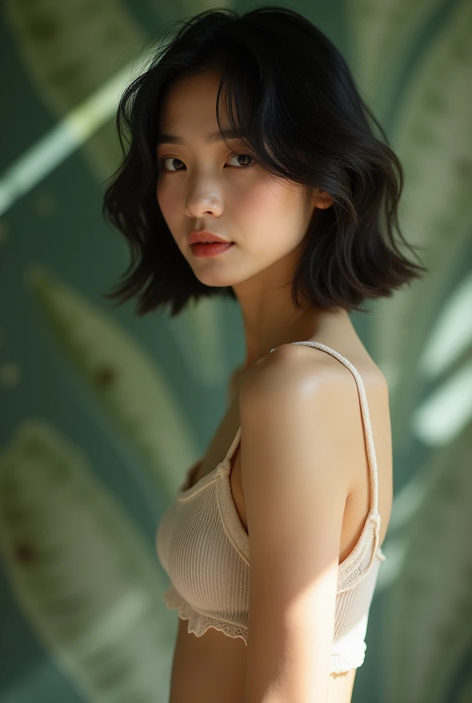 a full-length photograph of a young Asian woman with fair skin and short dark hair. She is wearing a sheer top and standing in soft natural light that casts a shadow over her face, creating a serene, contemplative expression. The background is blurred, wit...