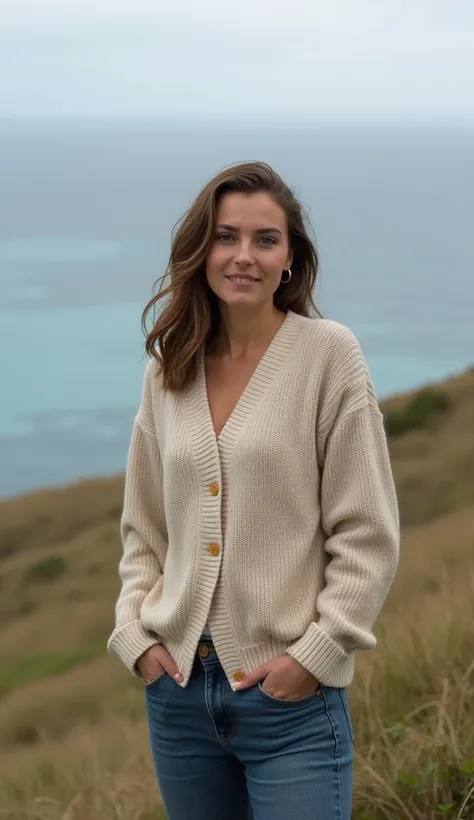 A 36-year-old woman standing onA hill overlooking the sea, dressed inA buttoned-up cardigan