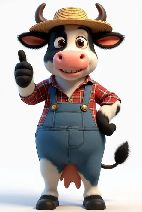 Create an ultra-realistic 3D cow mascot standing upright on two legs. The cow has realistic fur texture with black and white patches, large expressive eyes, and a friendly smile. It is wearing farmer-style clothing, including a straw hat, a checkered plaid...