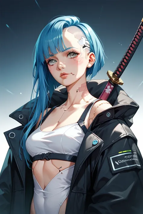  Cyberpunk Anime , girl with blue hair shoulder length, with gray eyes , stitches With the mouth cut,that is sewn with ,  With , with nanotrite katana ,in a black coat,in the hood