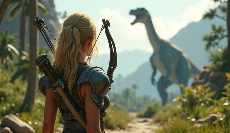 third-person gameplay perspective: back look of blonde sexy Turok with advanced futuristic airbow is looking at dinosaur 