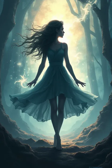  Could you create for me the cover of a book that is striking , fanciful ,  with the silhouette of a girl with long hair and that gives evidence that she is powerful and that she has magic 