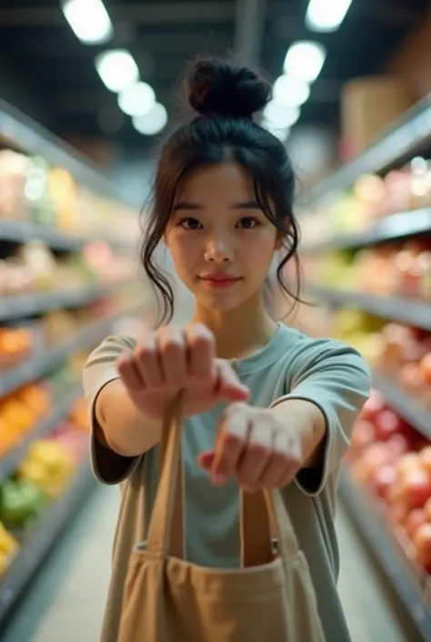 shopper,, cloth bag handles, love the world ,In Super market , girl,massy bun,Black hair, fingers is not distorted, beautiful fingers , fingers are not irregular, ,Wide Angle,The picking force of 