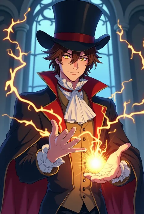 A grown adult man, with brown shoulder-lenght not very well arranged hair, bright gold eyes, smile on his face. He is dressed in an official senate cloak and 18th century top hat on his head. He gives a vibe of mysterious, but funny showman. He doing magic...