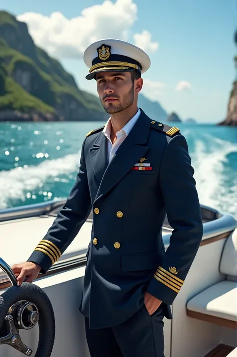 A young sailor in a navy uniform inside a large luxury speedboat 