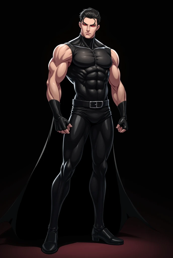 anime character:spread legs．30 years old,handsome．red eye．King of Darkness．anime characters：, The villain．Draw the whole body ．High image quality. Muscular, Handsome man in a tight black latex suit handsome.asia handsome．black hair．red eye．King of Darkness...