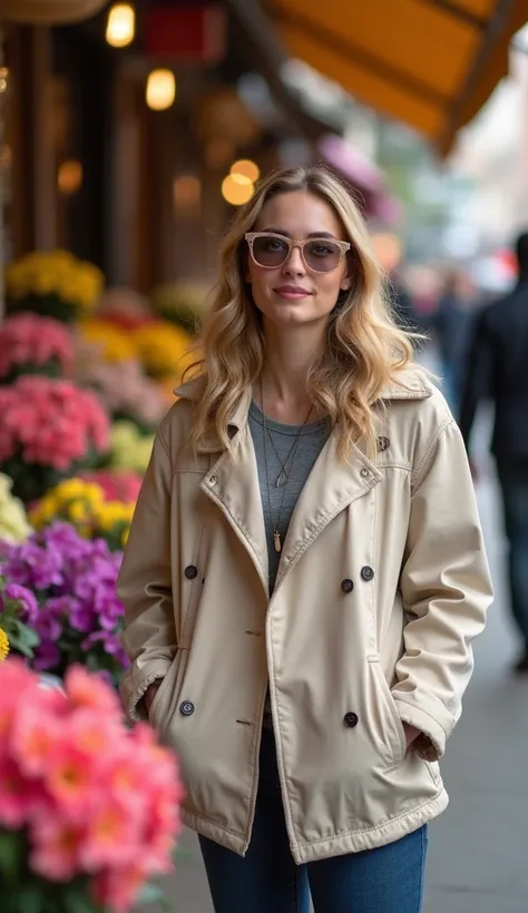 A 35-year-old woman posing nearA vibrant flower market, wearingA light jacket