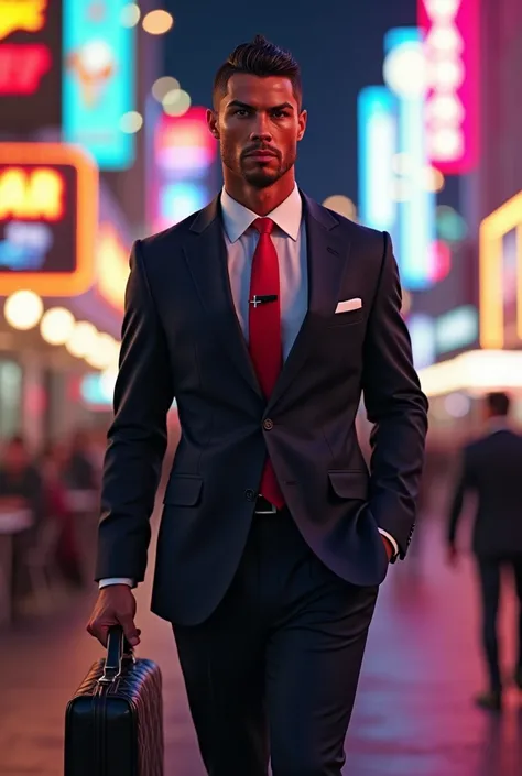  Cristiano Ronaldo with black toothpick and red tie.
With a briefcase .
Walking on the sidewalks of Las Vegas .