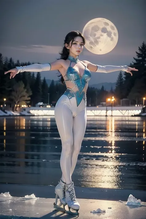 big penis Masterpiece, highest quality, high resolution,8k,(realistic, photorealistic: 1.3),(Ice Dance skate),full body, full moon, Frozen lake, beautiful skater, pure white outfit, fantasy