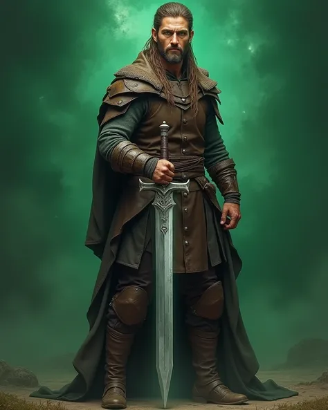 Eric has mid-war features. He stands with his long brown hair tied back, holding a gleaming silver sword pointed at the ground in one hand. His dark brown leather tunic is visibly worn, bearing the scars of previous battles. Magical energy swirls faintly a...