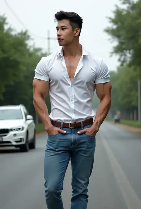 , a Korean man wearing a white button-down shirt, jeans. , (((Big arm muscles,  tight breasts ,  Muscle Bundle, ))), (((Men with short hair))), (((, big muscles, big torso))), (((Seductive fit body ))), ((Short Hairstyle))), (There is only one white BMW on...