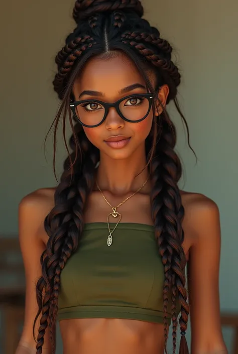 Make a girl with light black skin with light brown eyes and freckles on her cheeks with her hair with braids in the Goddess Braids style in the color dark and light brown and leave loose and wearing a military green cropped top and light brown Tres Marias ...