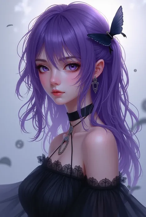 A beautiful girl with purple hair and a black dress 