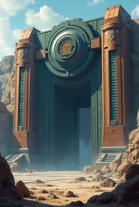  Revenger base of operations ,  style symbol of the R of the Revengers huge at the entrance of the superhero-style mechanical door. technological. Interior behind the mechanical door. without people