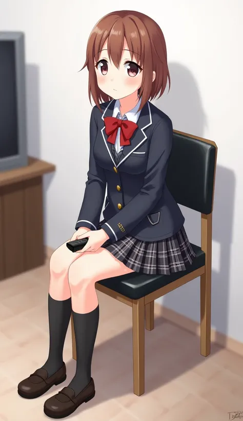 An anime-style illustration of a teenage girl sitting on a dining chair and backrest, black leather with wooden legs. She wears a school uniform that includes a dark jacket and a plaid skirt.,  while holding a black television remote control in her hands ....