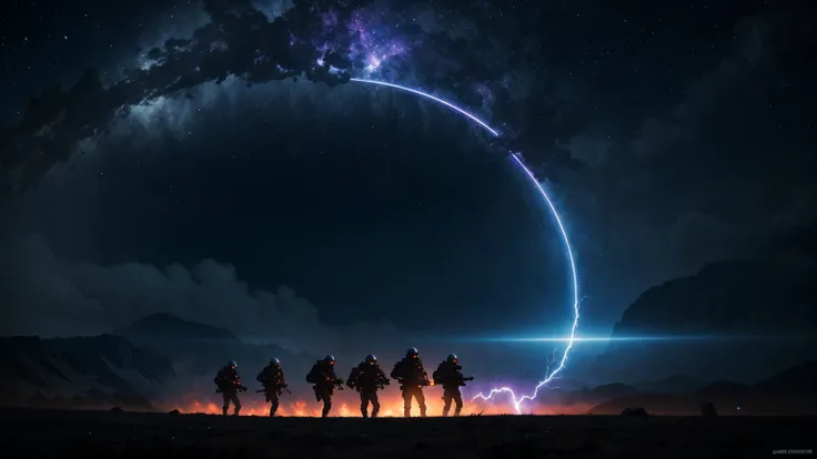 Ultra HD, 4K, HDR, 8K, "A cinematic, futuristic scene depicting a group of heavily armed soldiers emerging from a massive, glowing portal. Massive lightning striking on portal with blue and purple vibrant lightning. The portal radiates intense orange and y...