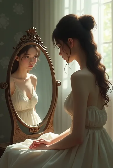 Young woman sitting in front of the mirror
