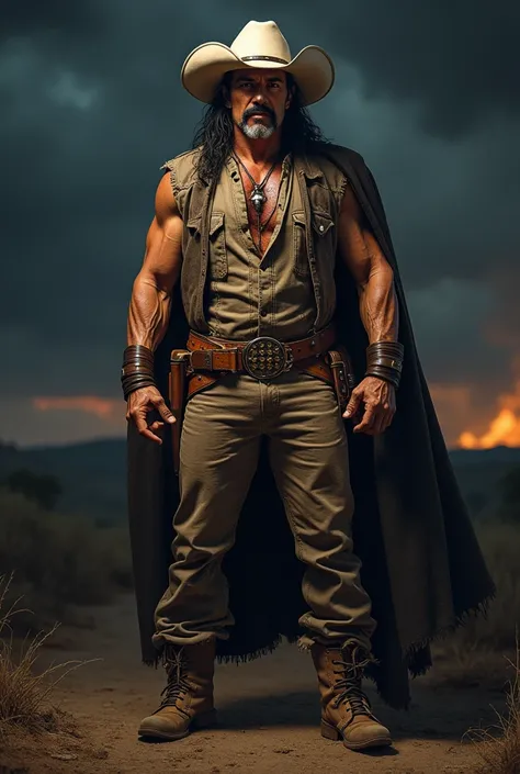 ((best quality)), ((masterpiece)), Danny Trejo, mexican man, muscular guy, [night scene], cowboy, vampire gangrel, hard lines, strongman, white cowboy hat, typucal of a cowboy, and leather and cotton clothings in earthy tones, country style, robust man, de...