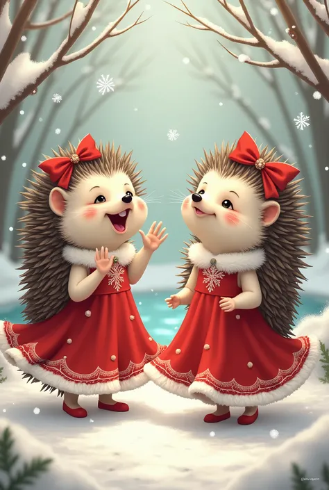 Female hedgehogs wearing Christmas dress and bow 