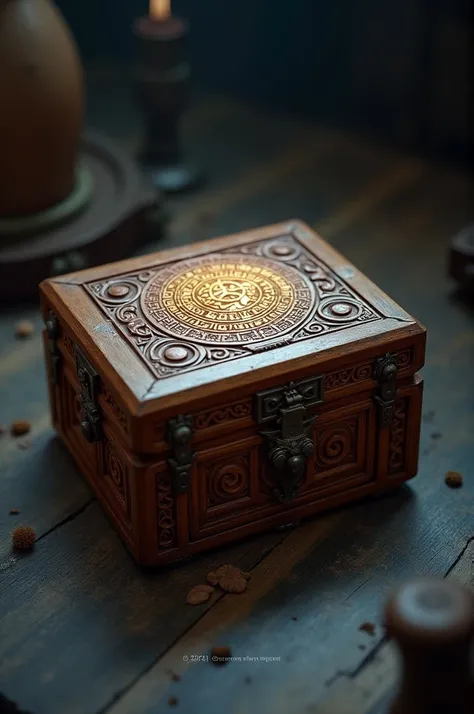 Picture a small intricately carved box with strange symbols etched onto its surface 