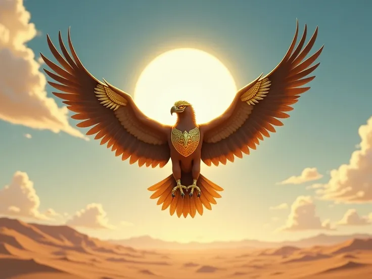 Hawk, deserted desert, looking at the sun, wearing gold armor, wearing gold face armor, animation, blue sky