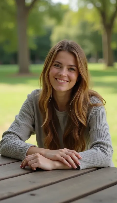 A 36-year-old woman sitting atA wooden picnic table inA park, wearingA long-sleeve top