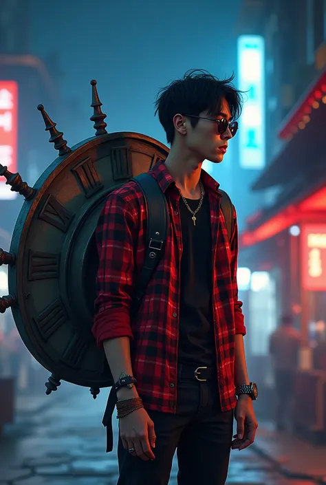 Create an artistic arafed of a male korean have a massive Roman clock carry with his both hand on his back in the same outfit as the reference photo: a red plaid button-up shirt over a black undershirt, paired with black pants. The rocker should have a rug...