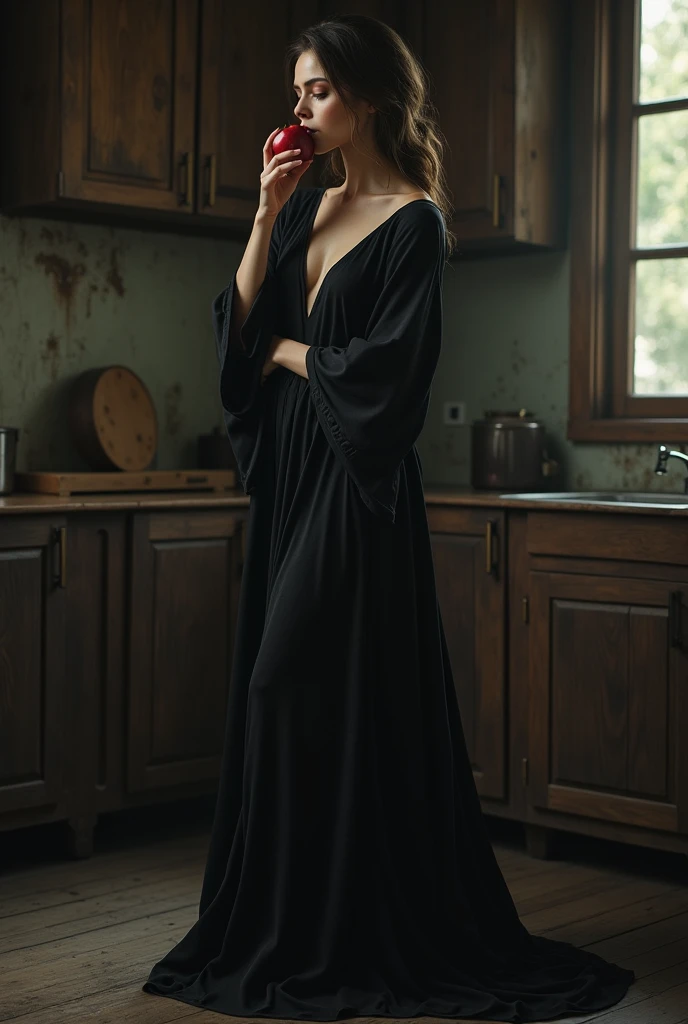  Make a beautiful woman dressed in a black robe, that only covers her body .  She is eating an apple . The environment is an old kitchen .  She is in profile and standing 