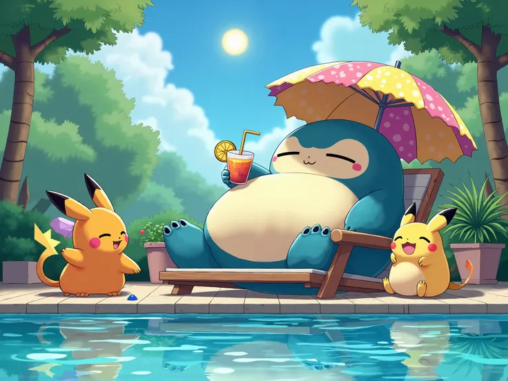 Snorlax is in the pool sitting on a deckchair under an umbrella, mentre sorseggia un drink insieme ai suoi amici pokemon