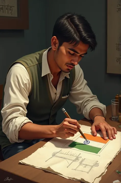 A man with age like 24, drawing the first Indian flag 