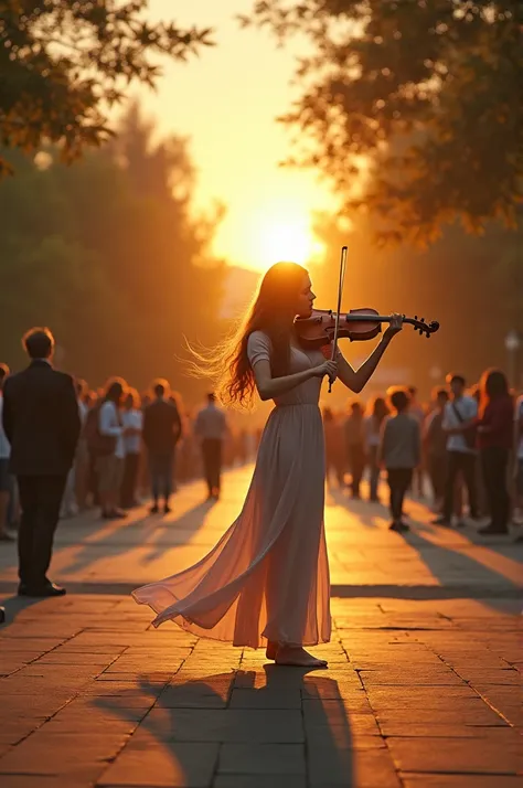 She rehearsing in an empty park at sunset ,  while some s stop to hear her play.