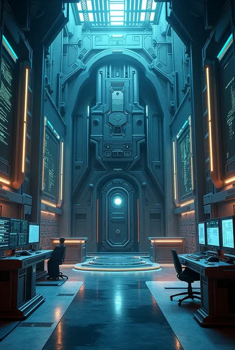  Revenger base of operations , superhero style ,  huge room operating room and superhero meetings.  Without a person in the background or anyone . Technological style superheroes without any person perspective of the entrance technological mechanical door