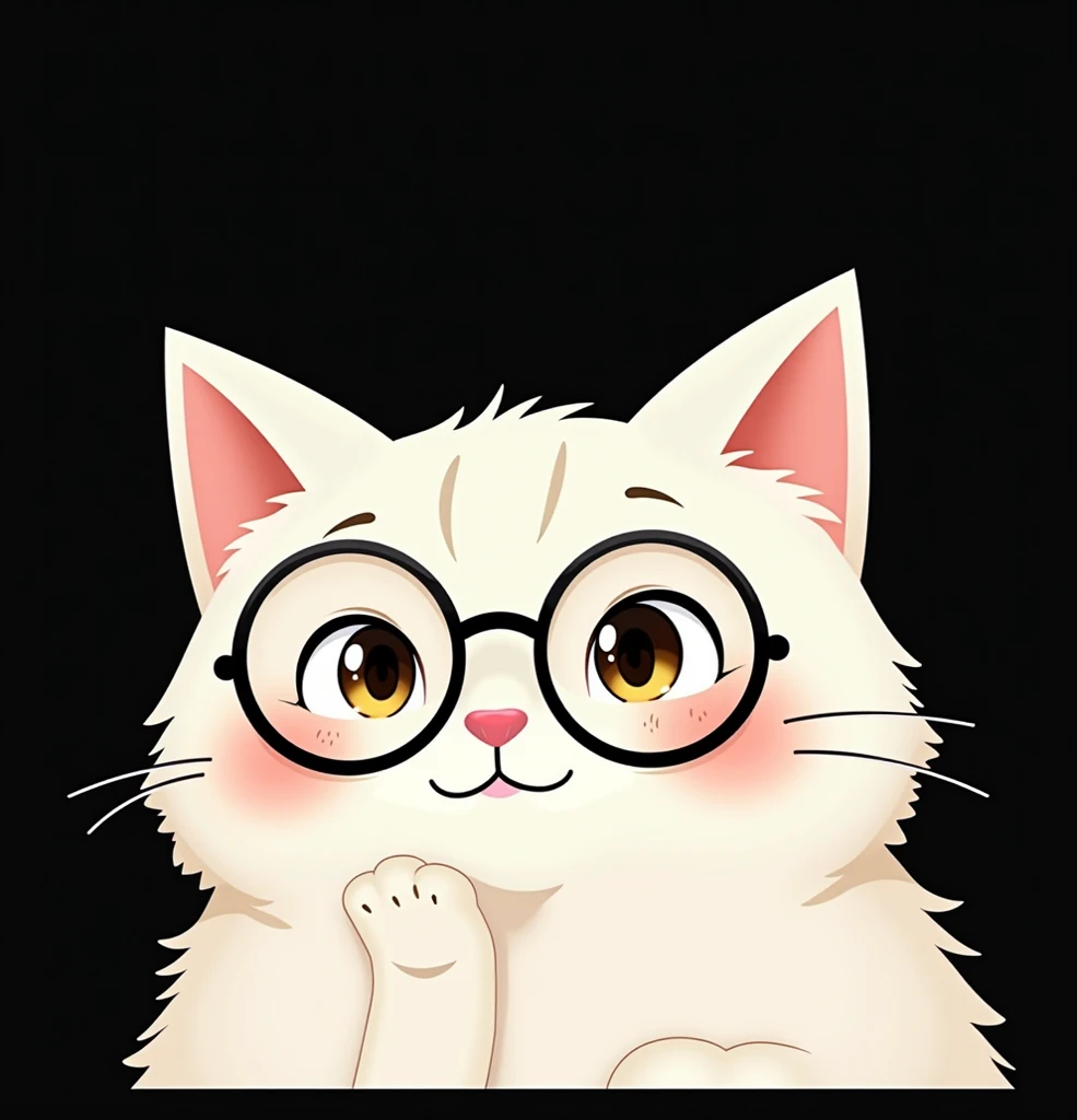 A cartoonish, stylized portrait of a white cat. The cat is centered in the image, facing the viewer.  It has large, round, light-colored eyes, and a slightly sad or contemplative expression. The cat wears round, dark-rimmed glasses. The fur is depicted wit...