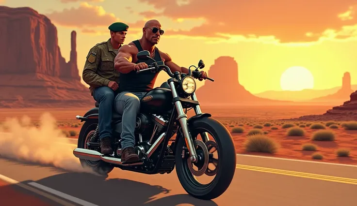 "A detailed and dynamic illustration of Dwayne The Rock Johnson, the WWE superstar, riding a motorcycle alongside a young military man. The Rock is wearing a casual black tank top, jeans, and sunglasses, exuding his iconic charisma and strength. The milita...