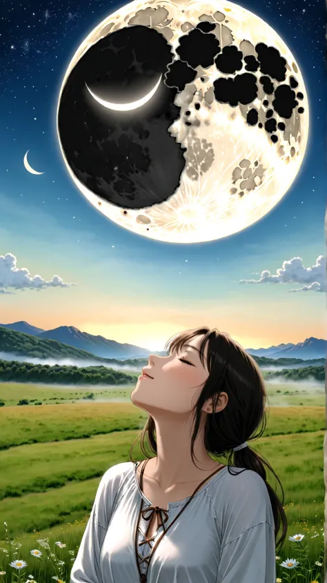   female in her 20s　grassland　Healing　morning　 moon　Take a deep breath　 imaginary