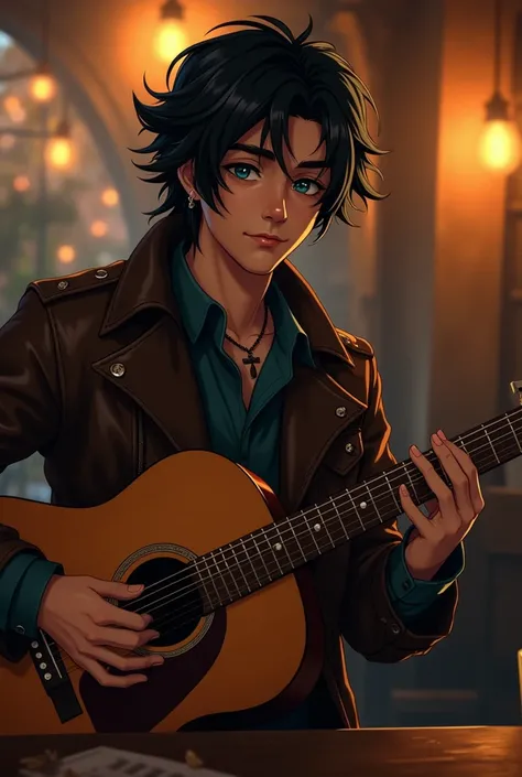 Artistic portrait photo of a half-elf bard of a man with blacks,  like pitch ,  hair ,  slightly long , kind and cunning blue eyes with a mischievous touch, wearing a worn brown leather jacket ,  playing a standard acoustic guitar in a dimly lit country ta...