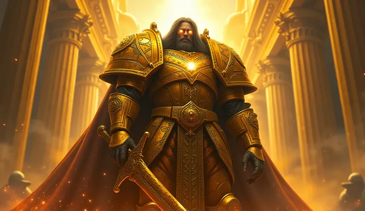 The Emperor:**
- **Appearance:** A towering figure over 10 feet tall, exuding an aura of divine authority. His eyes glow with a golden light, reflecting immense psychic power. He wears resplendent golden armor adorned with intricate symbols of the Imperium...