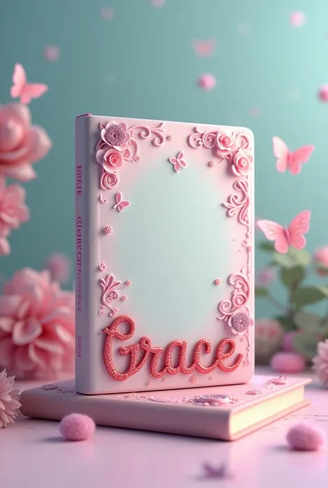 A 3D render of a Disney princess Ariels notebook with a charming cover. The cover is adorned with intricate details and a delicate pastel design. The name
"Grace" is written in glittering red letters at the bottom. The notebook is placed on a surface with ...