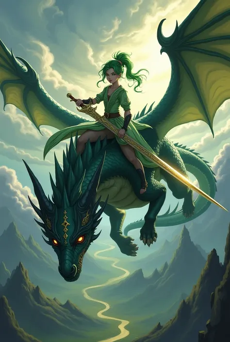 Nahida genshin with long sword, riding dragon