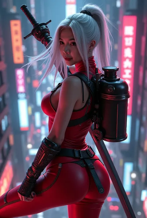 pretty, woman, sexy face, red eyes, white hair, chubby hourglass body, sexy assassin pose, fighting pose, katana sword, red tights, mecha armor, jet pack, neon sign, led night city, seen from above, high quality, realistic, beautiful light, complete detail...