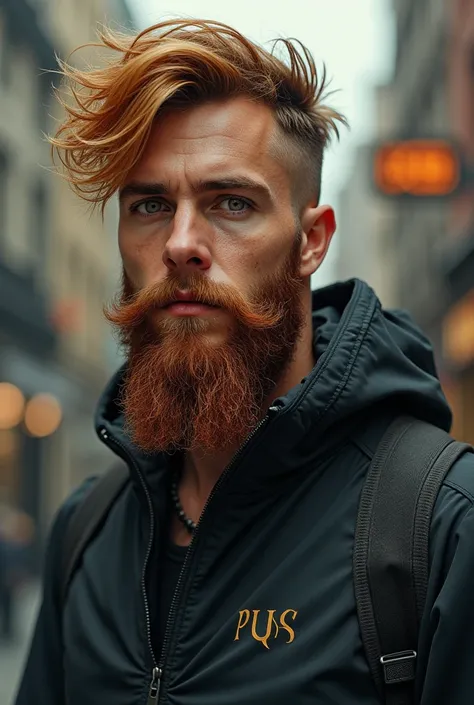 Tall blond and red-haired boy with a beard and honey-colored eyes in a smoking tracksuit 