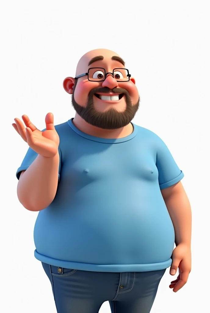  Make a 3D animation style image, of a man, fatty, bald, blue t-shirt, with a thin beard and glasses ,  doing the right thing with your hand , smiling with a friendly and gentle face.  white background.