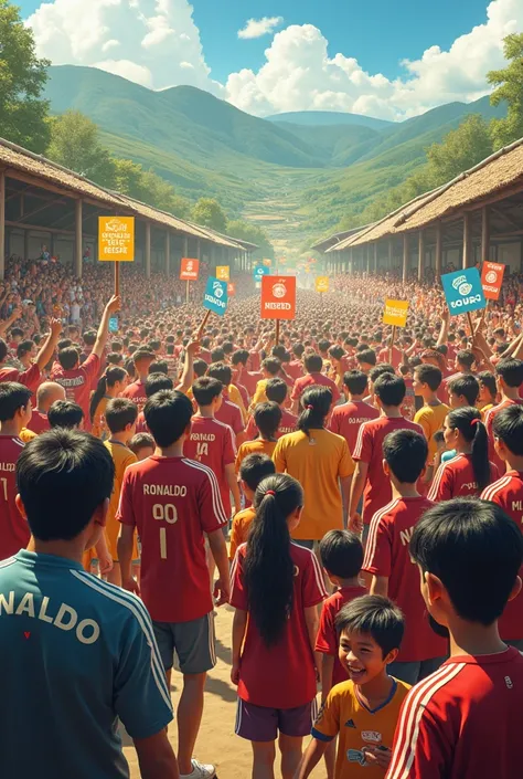 1. "
Villagers surrounding the farms, cheering and holding signs like Team Ronaldo and Team Messi."

