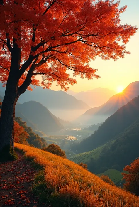 Give me an artistic photo with a giant maple tree in the foreground with orange and red leaves. Below the valley is a misty valley with golden rice terraces winding around the mountainside, in the distance are multi-layered mountain ranges under the golden...