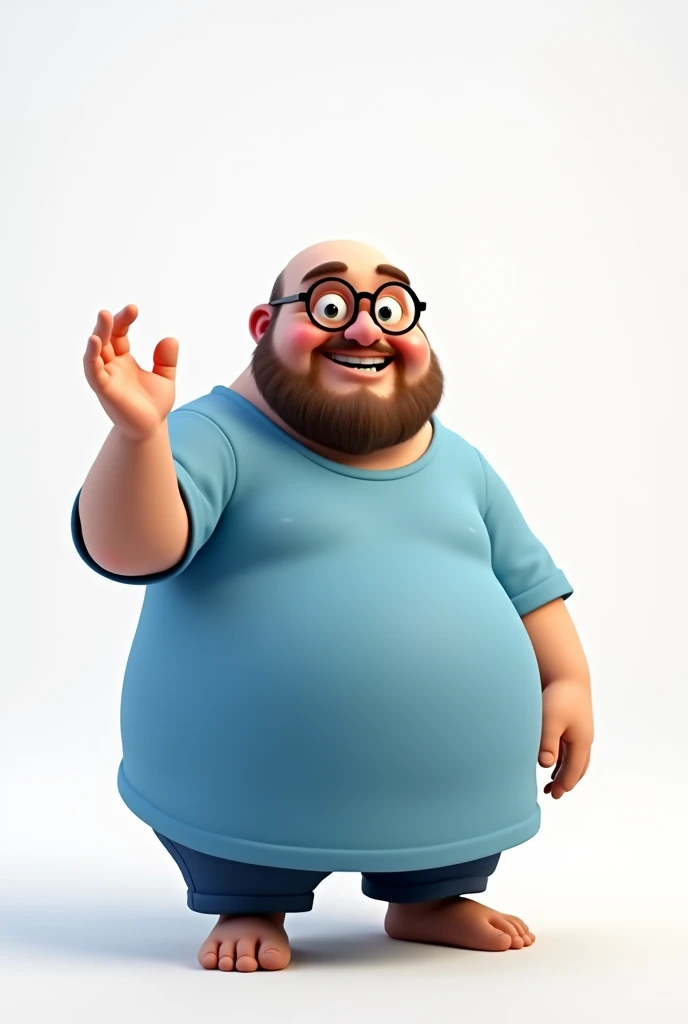  Make a 3D animation style image, of a man, fatty, bald, blue t-shirt, with a thin beard and glasses ,  doing the right thing with your hand , smiling with a friendly and gentle face.  white background.