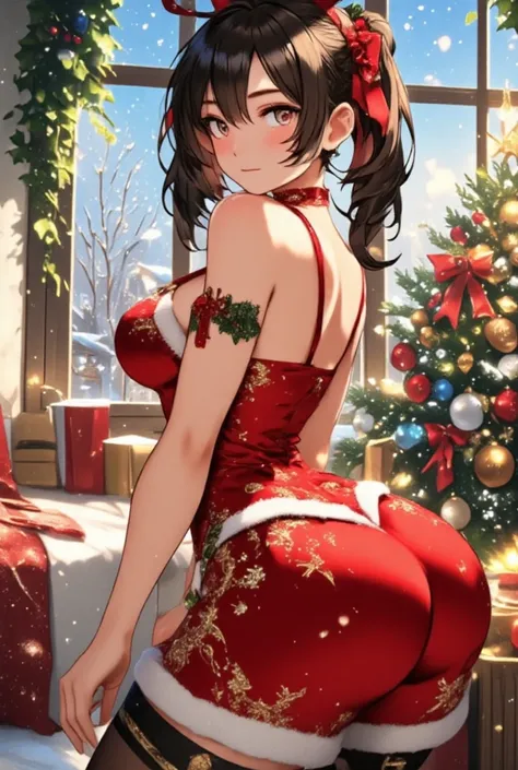  Anime girl, sexy pose, Christmas Babe, Wide hips and narrow waist, fur trimmed 