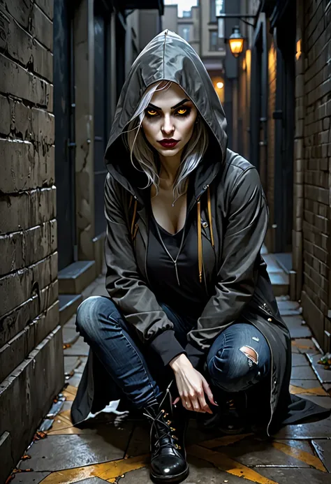 in the style of Charlie Bowater, (UHD), vampire, Nosferatu, woman, ugly face, asymmetrical eyes, hooded jacket, arms too long, crouching, looking at the viewer from the shadows, yellow eyes, gray skin like old parchment, squatting in an alley, ripped jeans...