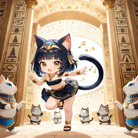 (masterpiece, best quality), (detailed illustration), Bastet, chibi character, cat ears, cat tail, luxurious ancient Egyptian headdress, golden jewelry (necklace, bracelets, armlets, sandals), white mini top and skirt, powerful backflip, spinning motion, m...